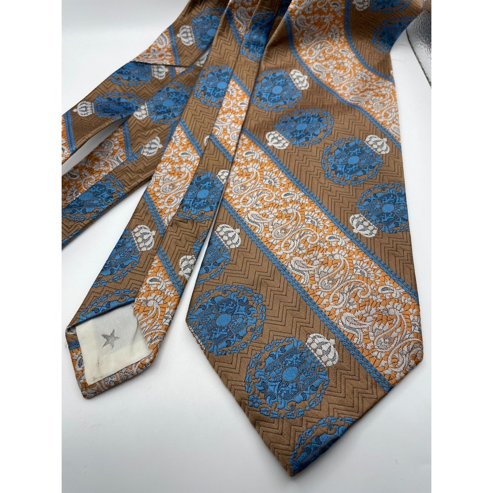 Vintage Sears The Mens Store Tie Brown Blue Orange Crown Heraldic Paisley 70s